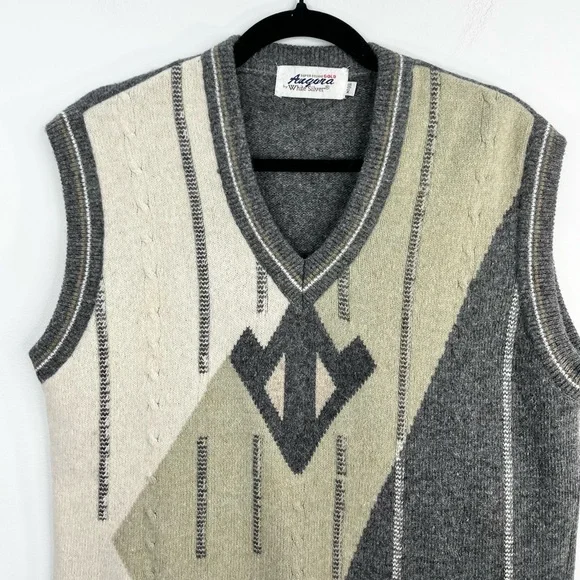 Vintage 80s oversized boxy wooly abstract argyle v neck pull over grandpa vest - Picture 6 of 12